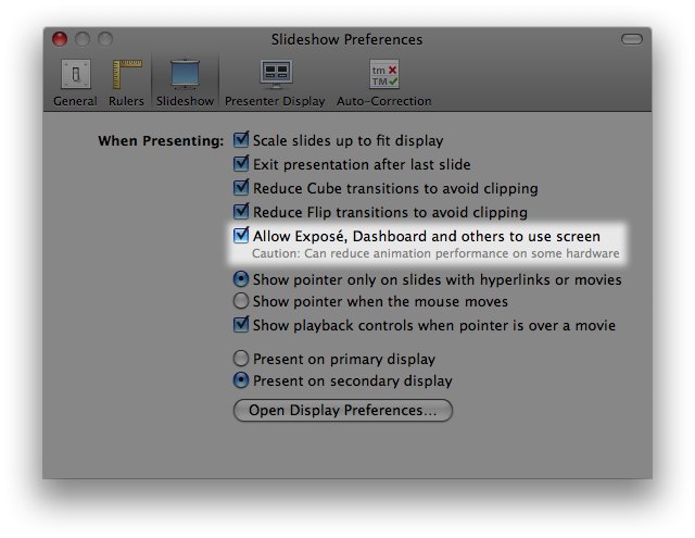 Enable “Allow Exposé, Dashboard and others to use screen” in Keynote